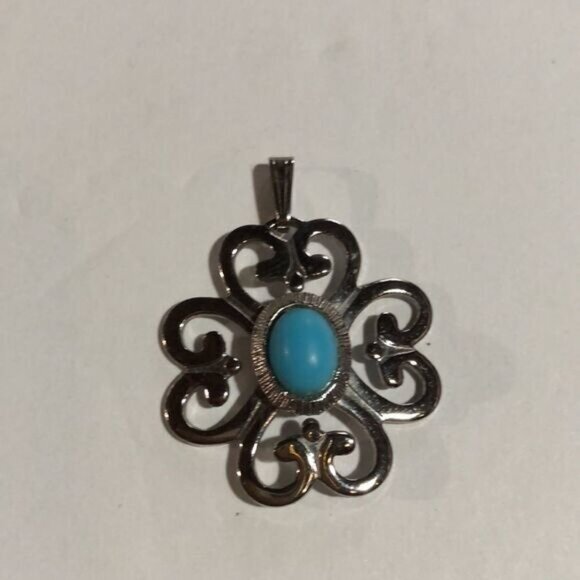 Silver Tone Clover Pendant Turquoise Colored Cabochon Statement Jewelry - Picture 3 of 5